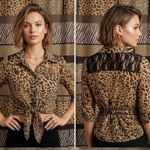 Animal print lace sheer blouse small
